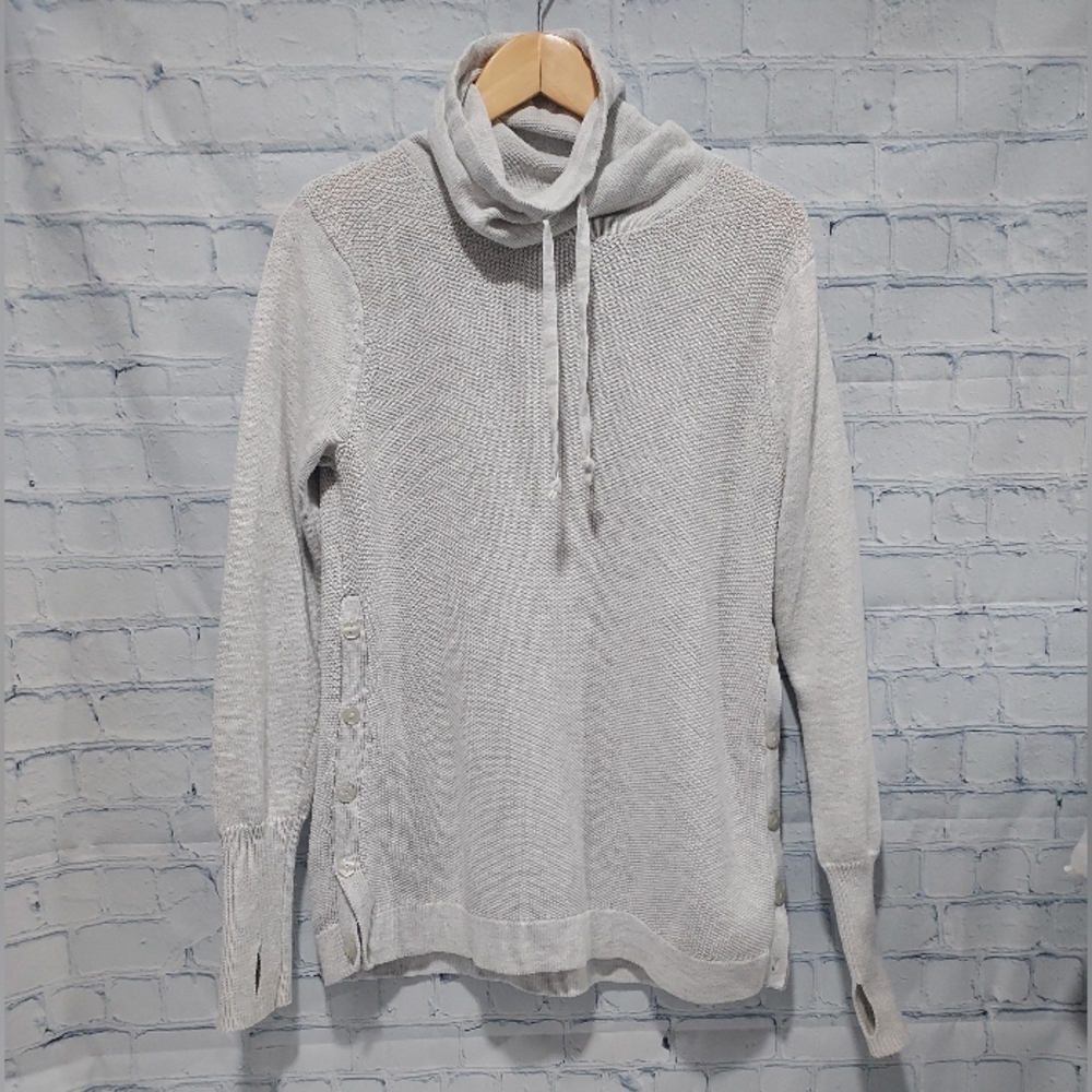 Sigrid Olsen L Cowl Neck Side Button Gray Pullover Sweater Thumb Holes Flaws